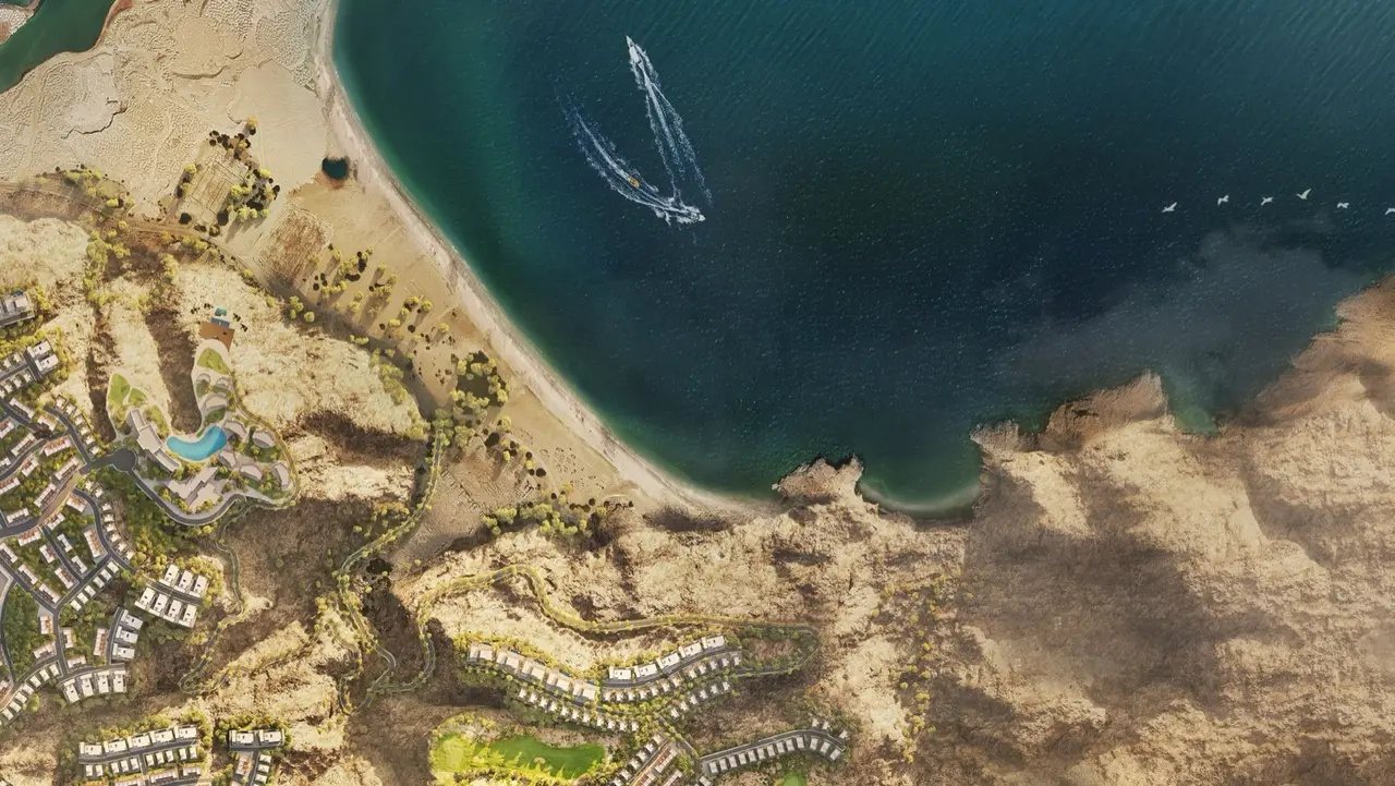Aerial view of the Yiti coast, the bay and the AIDA plateau
