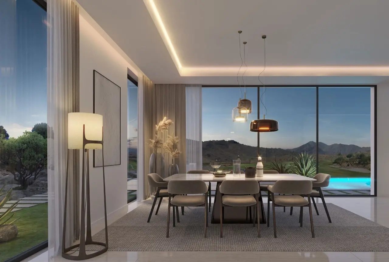 Dining room with a mountain and golf course view and a private pool