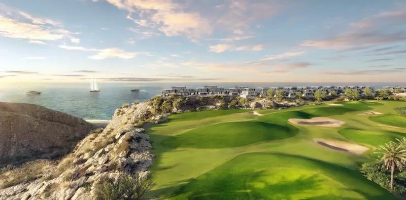 Golf fairway on the clifftop above the Gulf of Oman